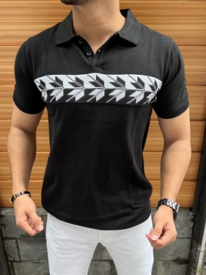         knit Collar Chest Print Black Tshirt