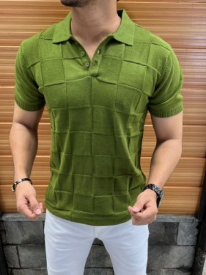         knit Collar Box Textured Green Tshirt