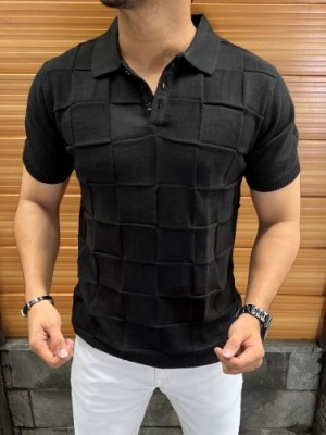         knit Collar Box Textured Black Tshirt