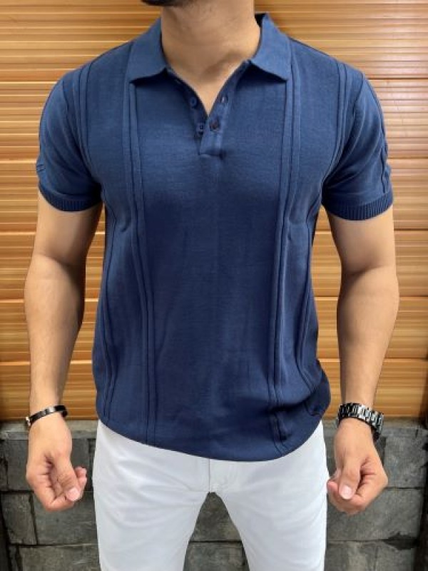         knitted Collar Blue Tshirt