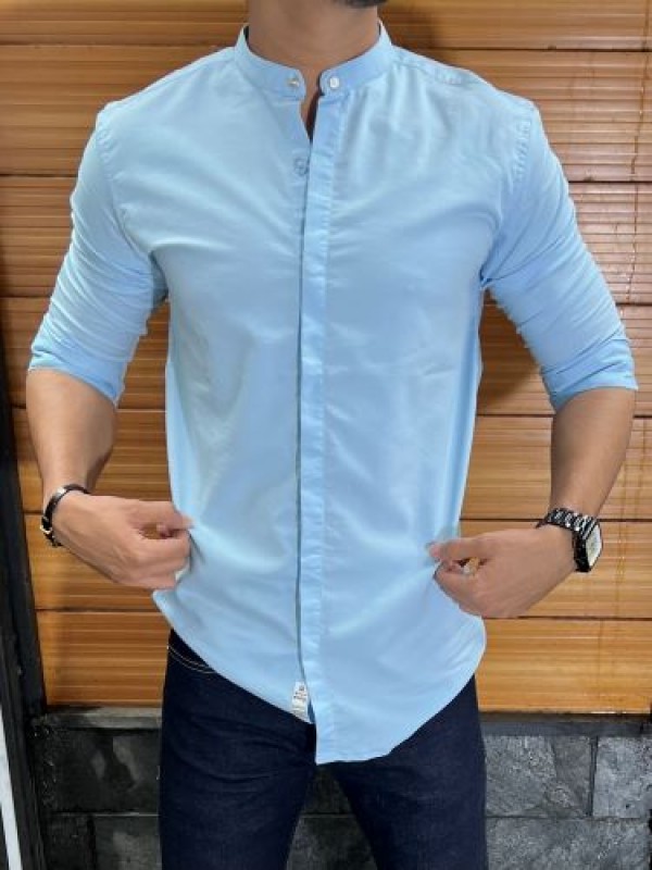                 Stretchable Chinese Collar Skyblue  Shirt 