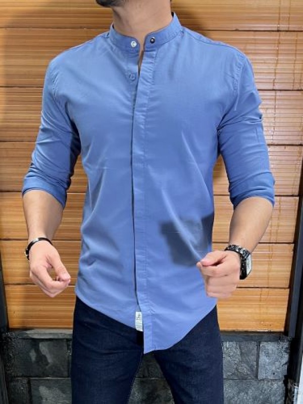                 Stretchable Chinese Collar Blue Shirt 