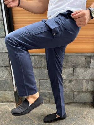        Elastic Waist Linen Blue Cargo Pants