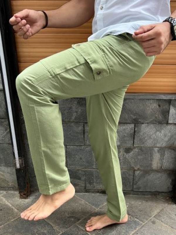        Elastic Waist Linen Green Cargo Pants