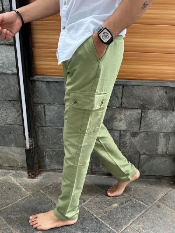        Elastic Waist Linen Green Cargo Pants