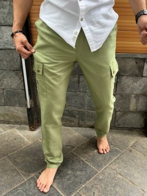        Elastic Waist Linen Green Cargo Pants