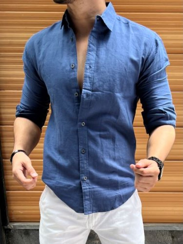                  Linen Fabric Collar Blue Fullsleeves Shirt 
