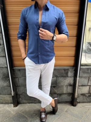                  Linen Fabric Collar Blue Fullsleeves Shirt 