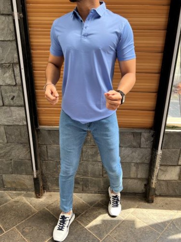                                    Tensil soft Stretchable Blue Collar Tshirt