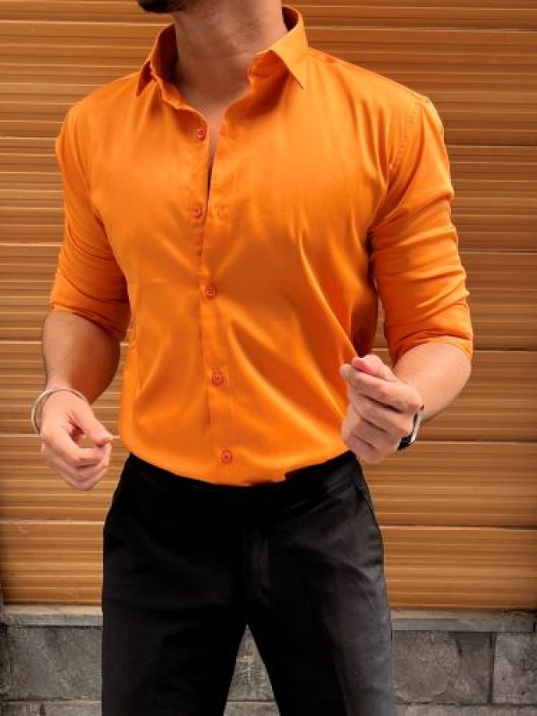                    Stretchable Cotton Satin Orange Fullsleeve Shirt