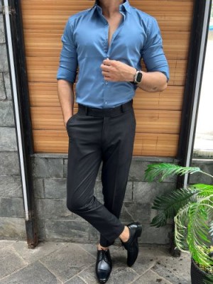                                                                                                                                                                                                                Stretchable Cotton Satin Blue Fullsleeve Shirt