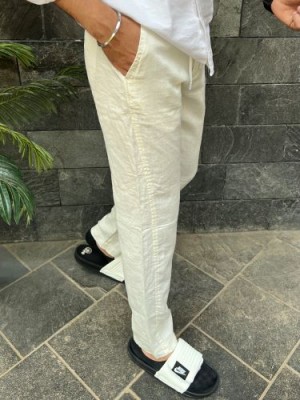                  Pure Linen Off White Ribbed Pant