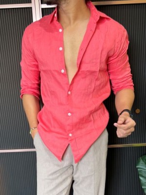                                                                                                                                                                                                                               A Pure linen Dark Pink Full Shirt