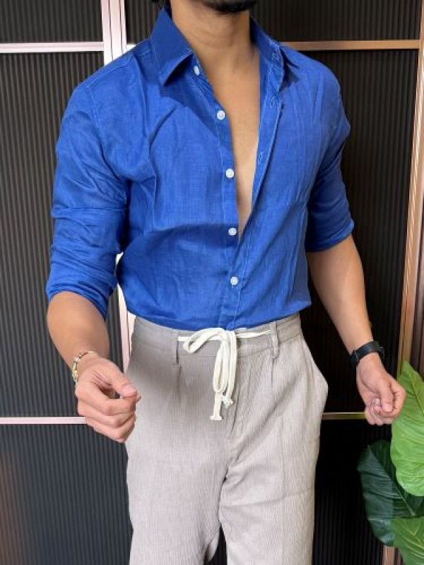                                                                                                                                                                                                                               A Pure linen R Blue Full Shirt