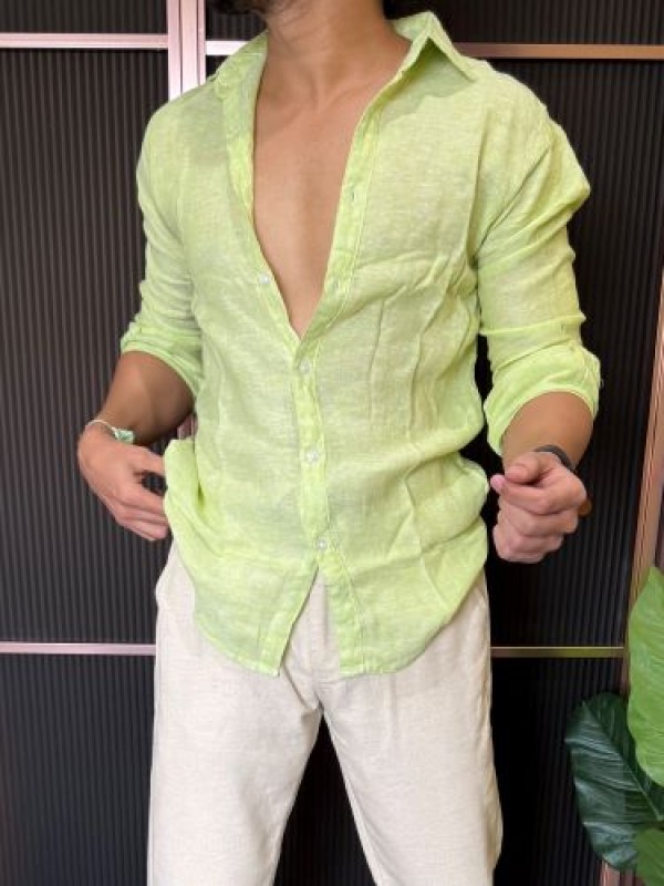                                                                                                                                                                                                                               A Pure linen Green Full Shirt