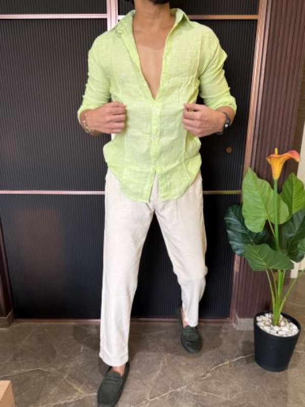                                                                                                                                                                                                                               A Pure linen Green Full Shirt