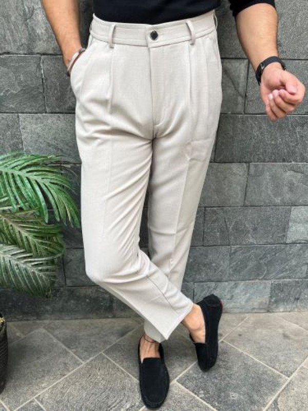                             Pleated Cream Formal Trouser