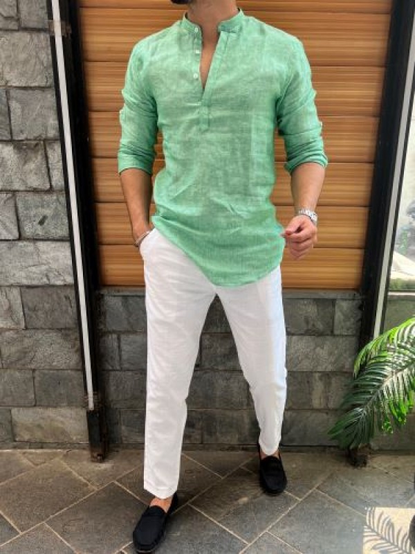                                                             Linen Short kurta Green Fullsleeves