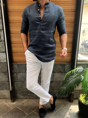                                                             Linen Short kurta Navy Fullsleeves