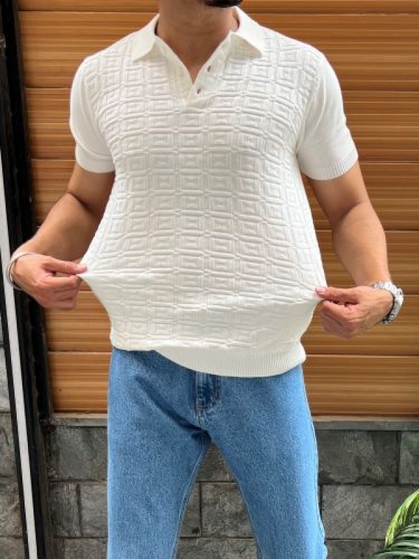                                                                                          knitted Collar Box Style White Tshirt