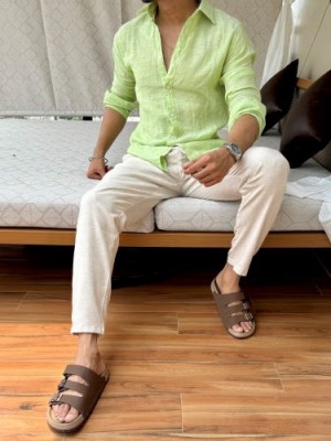                                                                                                                                                                                                    Pure Linen Fabric Pista Full sleeves Shirt 