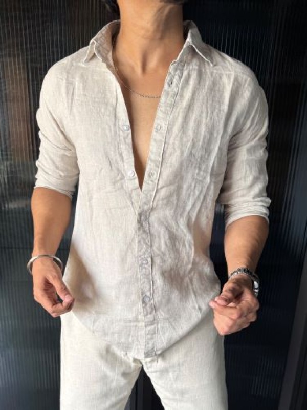                                                                                                                                                                                                    Pure Linen Fabric Beige Full sleeves Shirt 