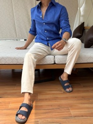                                                                                                                                                                                                    Pure Linen Fabric Royal Blue Full sleeves Shirt 