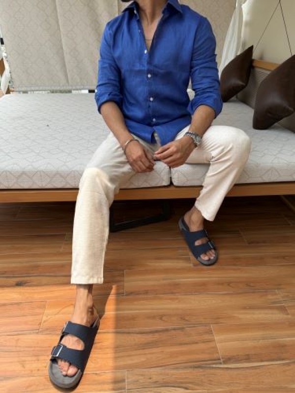                                                                                                                                                                                                    Pure Linen Fabric Royal Blue Full sleeves Shirt 