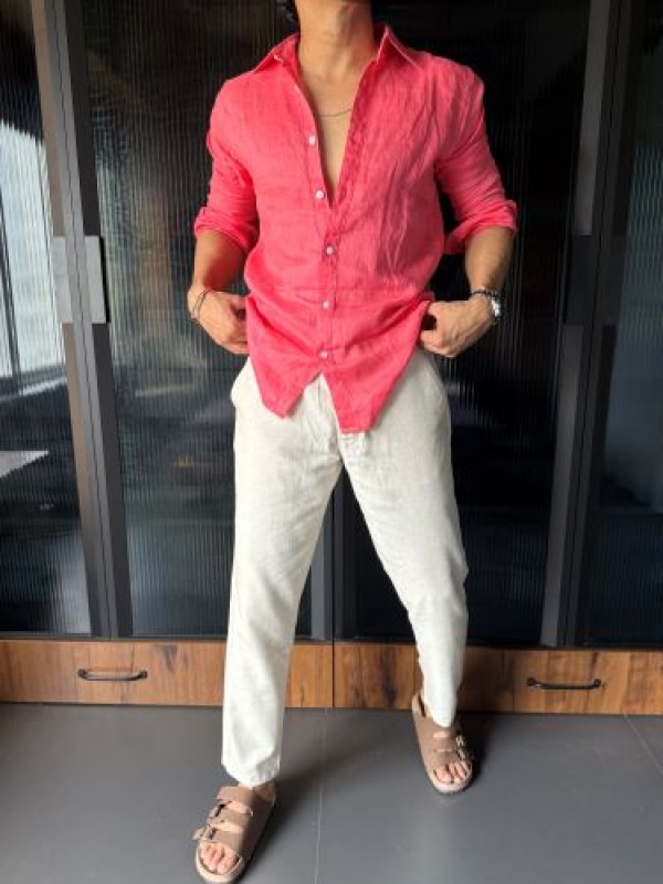                                                                                                                                                                                                    Pure Linen Fabric Dark Pink Full sleeves Shirt 