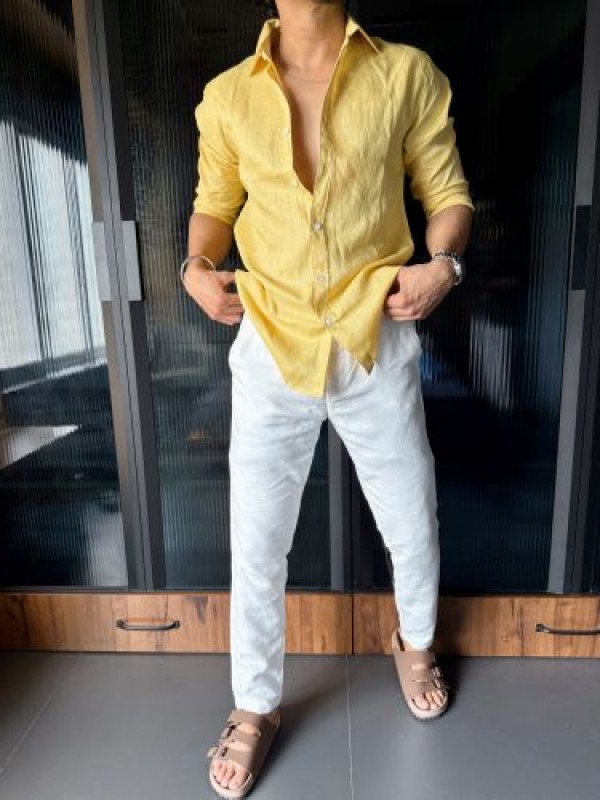                                                                                                                                                                                                    Pure Linen Fabric Yellow Full sleeves Shirt 
