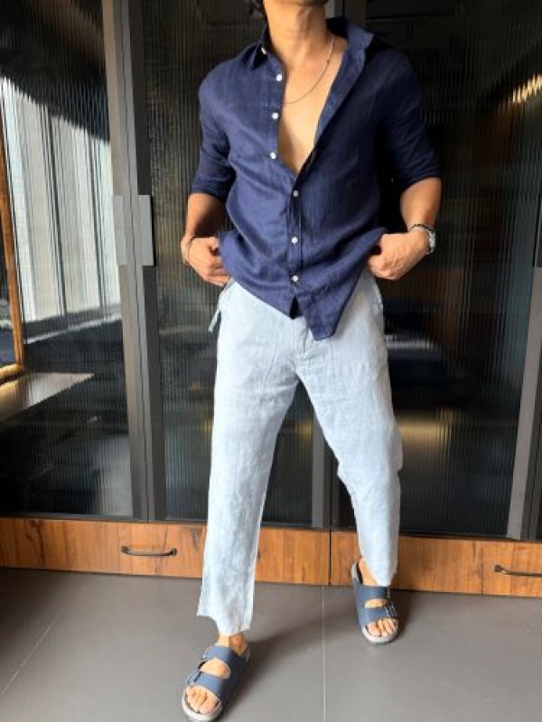                                                                                                                                                                                                    Pure Linen Fabric Dark Blue Fullsleeves Shirt 