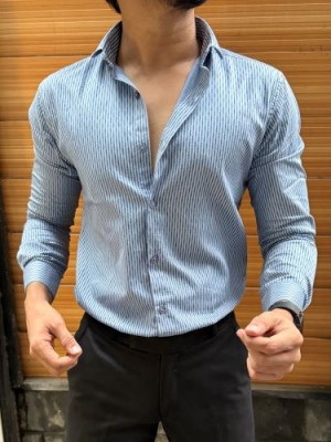                                                                                                                                                                    Printed Semi Formal Blue Stripe Shirt