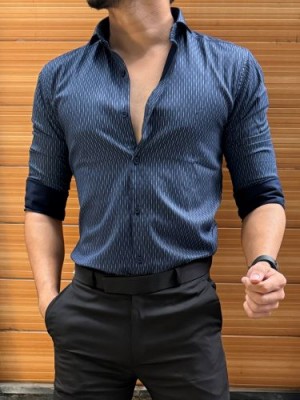                                                                                                                                                                    Printed Semi Formal Navy Stripe Shirt
