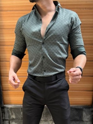                                                                                                                                                                    Printed 1 Semi Formal Olive Shirt