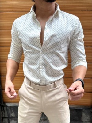                                                                                                                                                                    Printed Mini Squa0re Semi Formal Cream Stripe Shirt