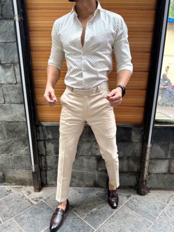                                                                                                                                                                    Printed Mini Squa0re Semi Formal Cream Stripe Shirt
