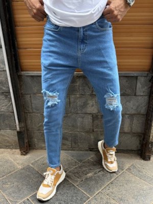                                                                                                                                    Ripped Stretchable Light Blue Ankle Length Denim