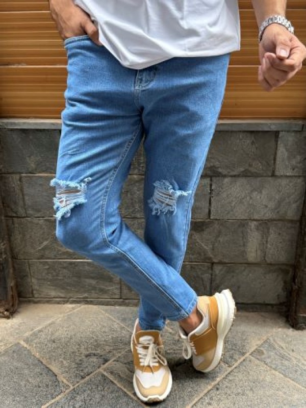                                                                                                                                    Ripped Stretchable Light Blue Ankle Length Denim
