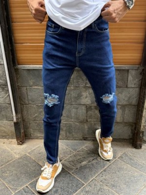                                                                                                                                    Ripped Stretchable Dark Blue Ankle Length Denim