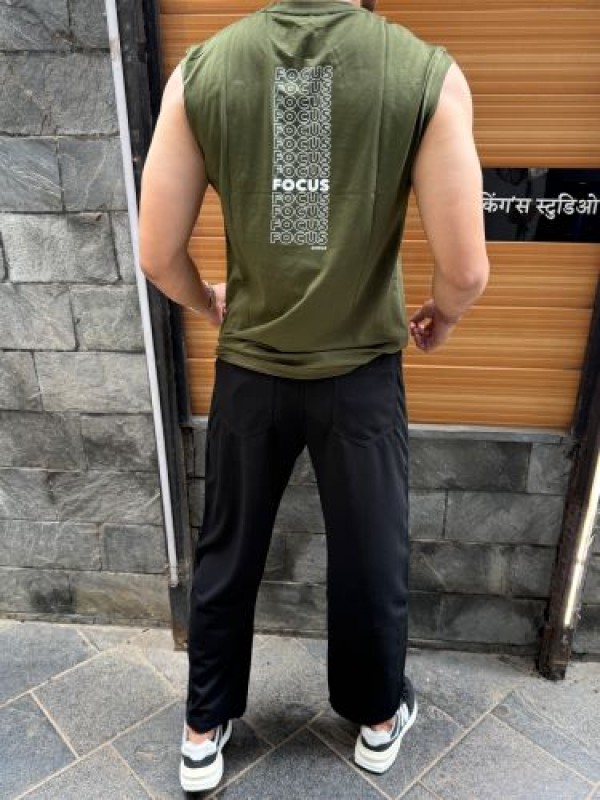                         Sleeveless Green Stretchable Cotton Tee (Focus)