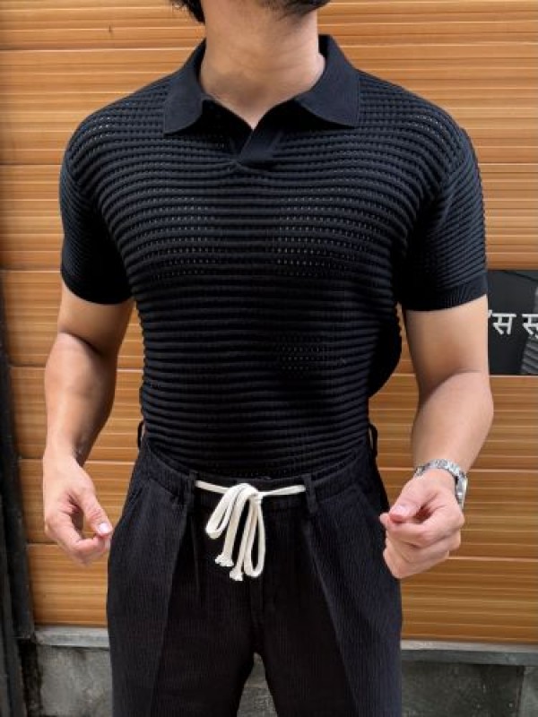                                                                                                                                                                          knitted Heavy Navy Collar T shirt