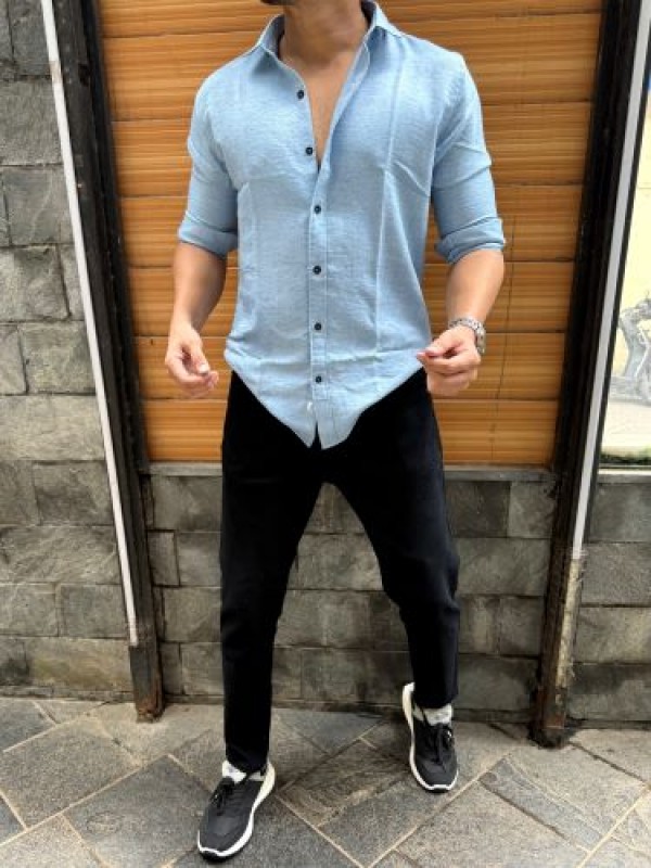                                                                                                                                                                                                                     Slub Textured Light Blue Full Sleeve Shirt