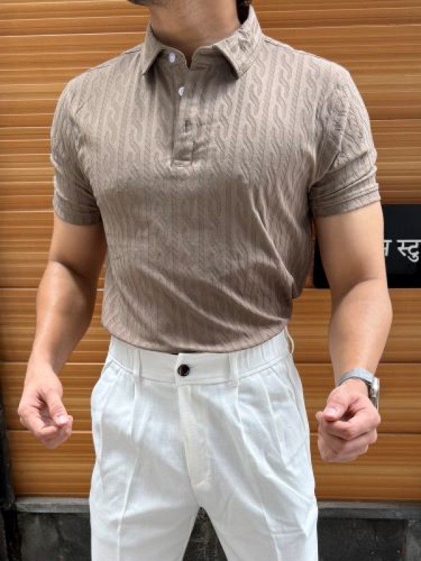                                                                                                                                                                         Imported self Textured Sand Collar T shirt