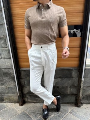                                                                                                                                                                         Imported self Textured Sand Collar T shirt