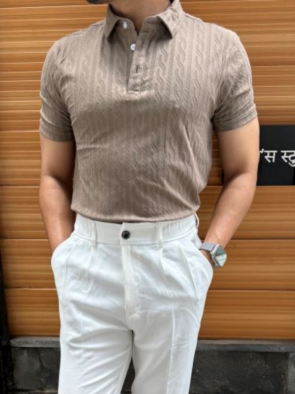                                                                                                                                                                         Imported self Textured Sand Collar T shirt