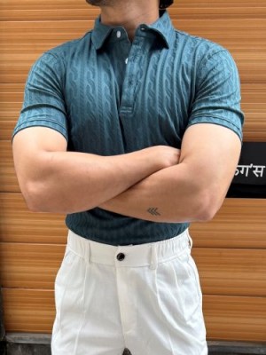                                                                                                                                                                         Imported self Textured Blue Collar T shirt