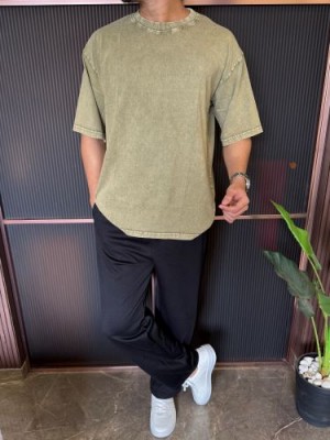                                                                                                                                        Over Dyed Drop Shoulder Green Half T shirt