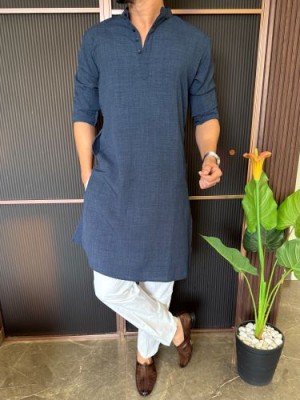                                                                                                                                                                                                                              Soft Linen Full Length Navy Kurta
