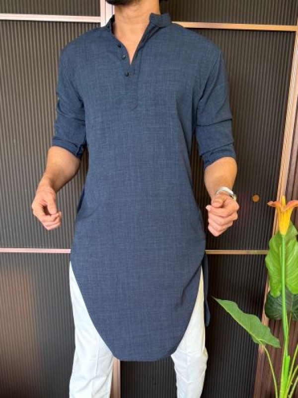                                                                                                                                                                                                                              Soft Linen Full Length Navy Kurta