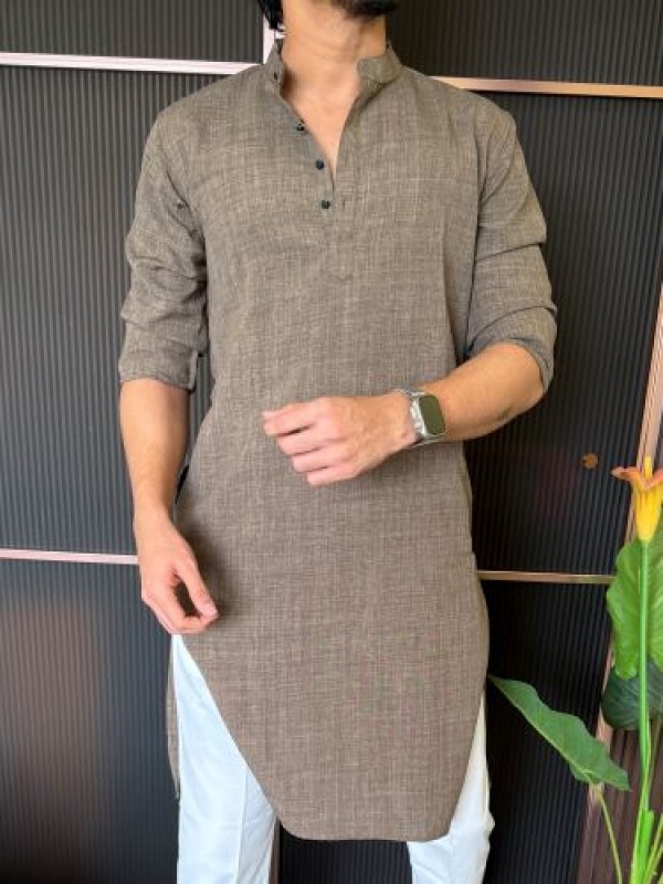                                                                                                                                                                                                                              Soft Linen Full Length Sand Kurta